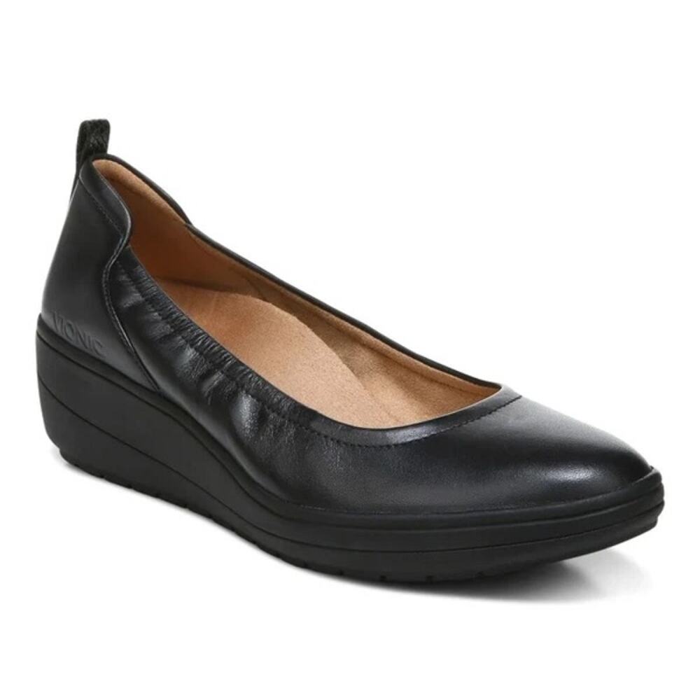 Vionic Women's Jacey Black Leather Wedge Pumps Slip On Comfort Arch Support - 9
